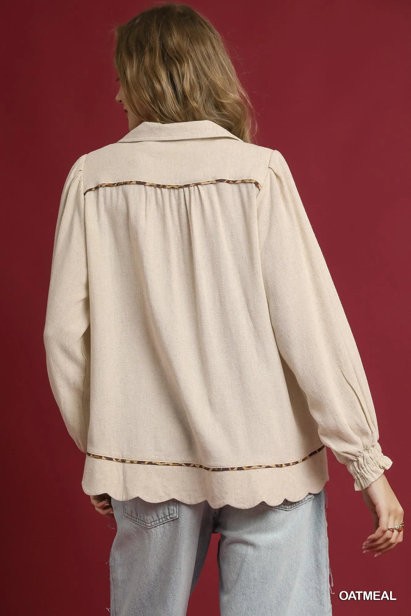 Umgee Full Size Linen Scallop Hem Blouse with Contrast Trim Plus Size - Image 3