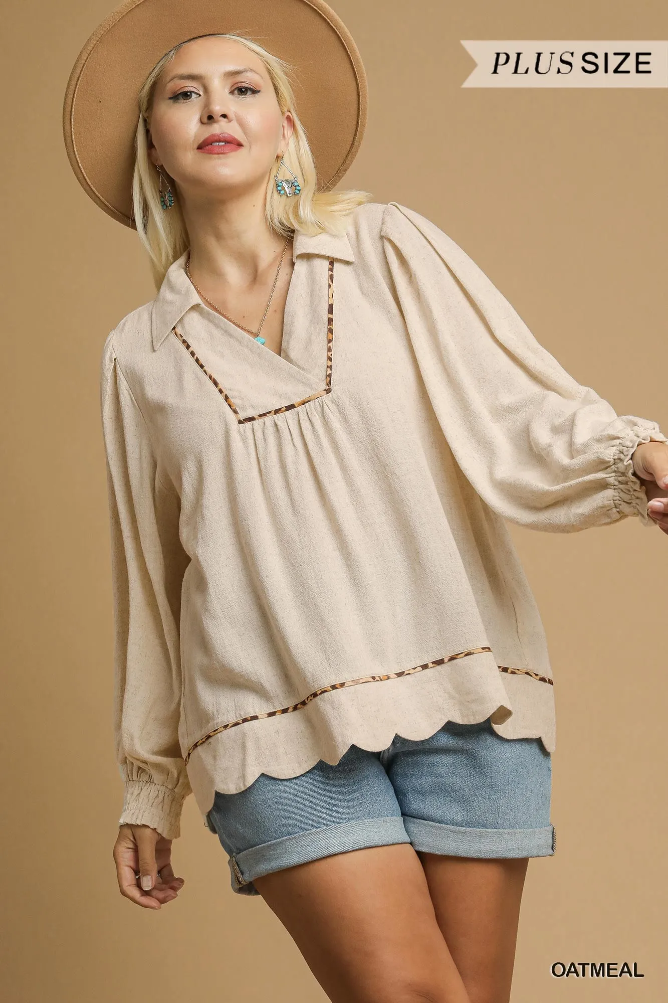 Umgee Full Size Linen Scallop Hem Blouse with Contrast Trim Plus Size - Image 6