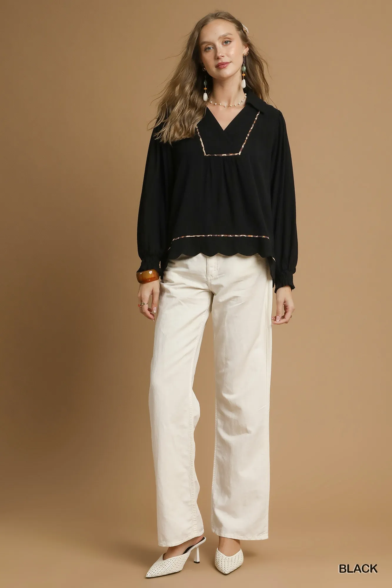 Umgee Full Size Linen Scallop Hem Blouse with Contrast Trim Plus Size - Image 4