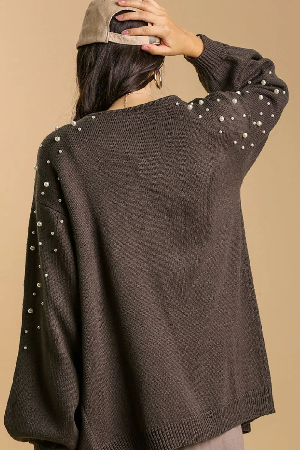 Umgee Full Size Open Front Cardigan with Long Sleeve Pearl Details Plus Size - Image 3