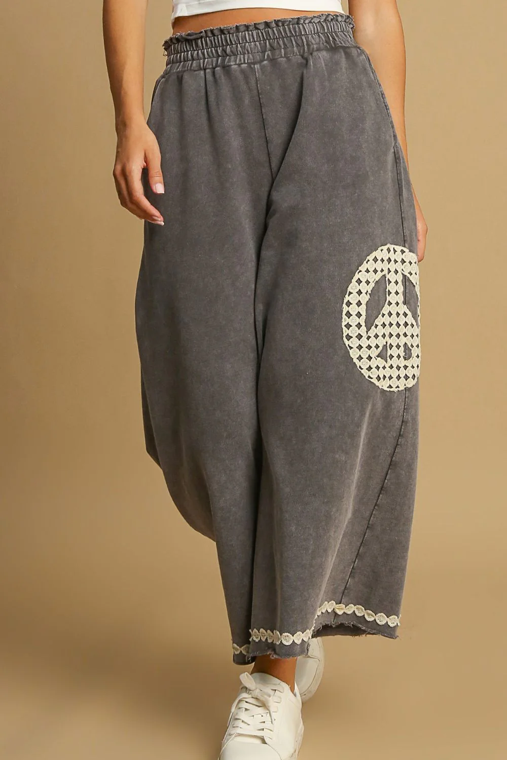 Umgee Full Size Peace Lace Applique Mineral Wash Wide Leg Pants Plus Size
