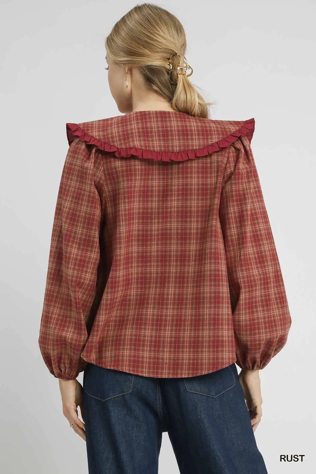 Umgee Full Size Plaid Ruffle Collar Blouse Plus Size - Image 2