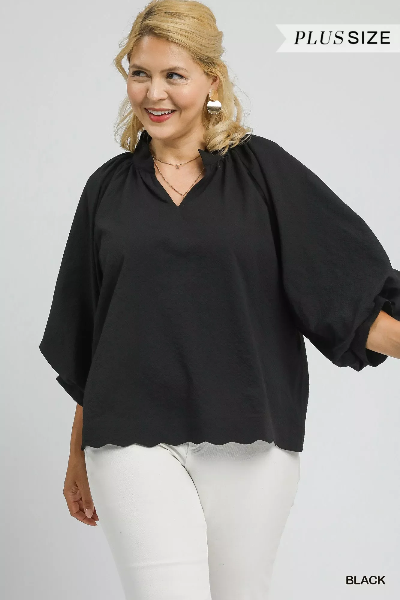 Umgee Full Size Textured Notched Balloon Sleeve Blouse Plus Size - Image 4