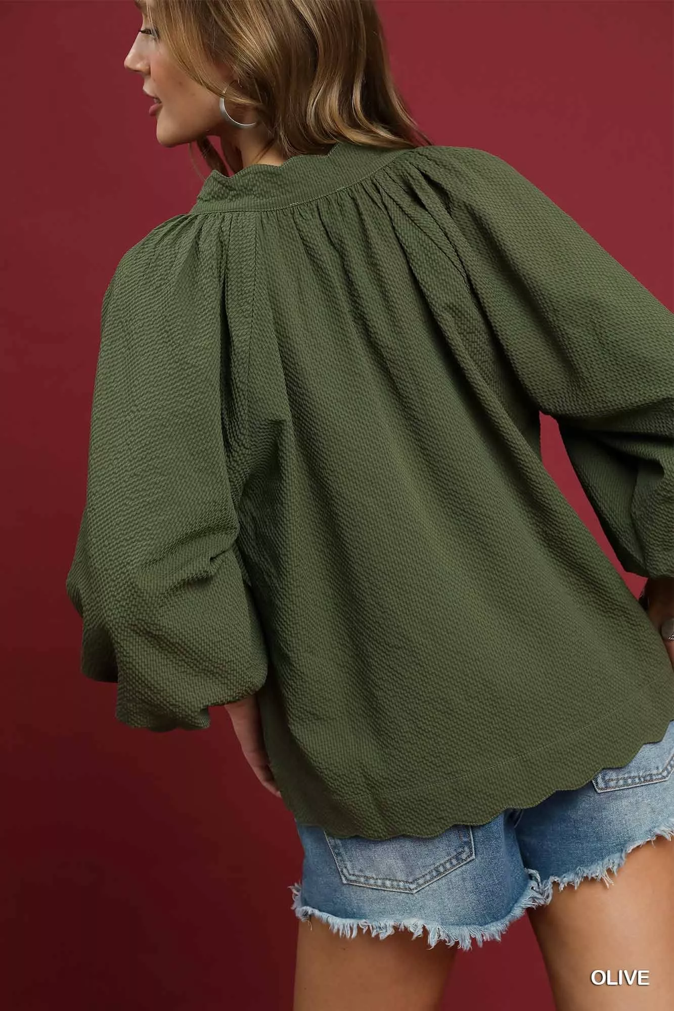 Umgee Full Size Textured Notched Balloon Sleeve Blouse Plus Size - Image 3