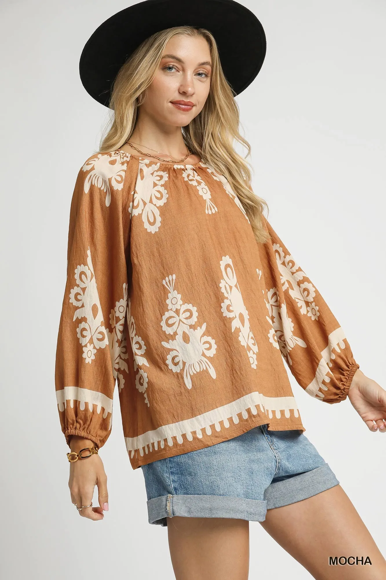Umgee Full Size Two Tone Border Print Top with Balloon Sleeves Plus Size - Image 4