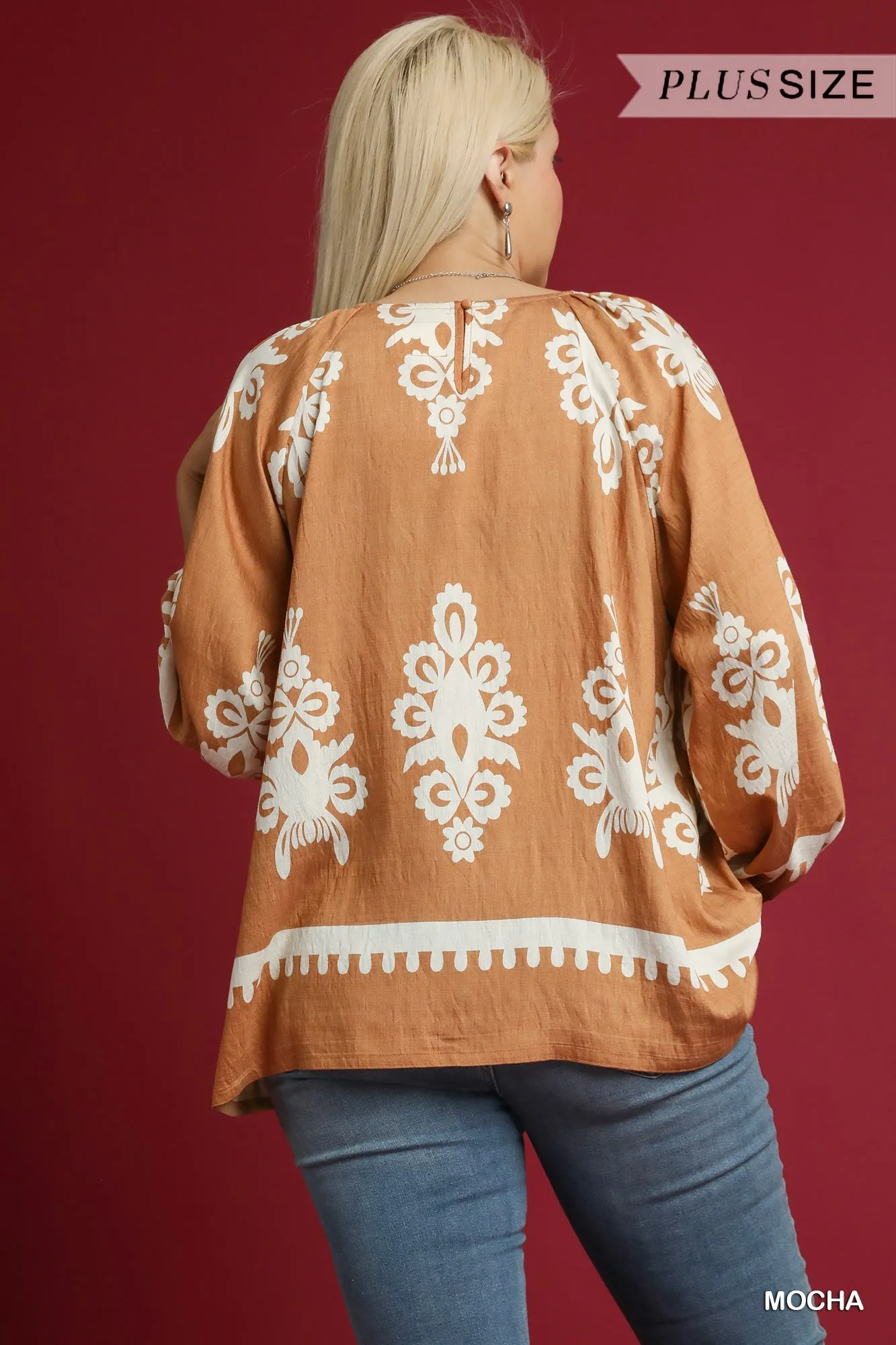 Umgee Full Size Two Tone Border Print Top with Balloon Sleeves Plus Size - Image 9