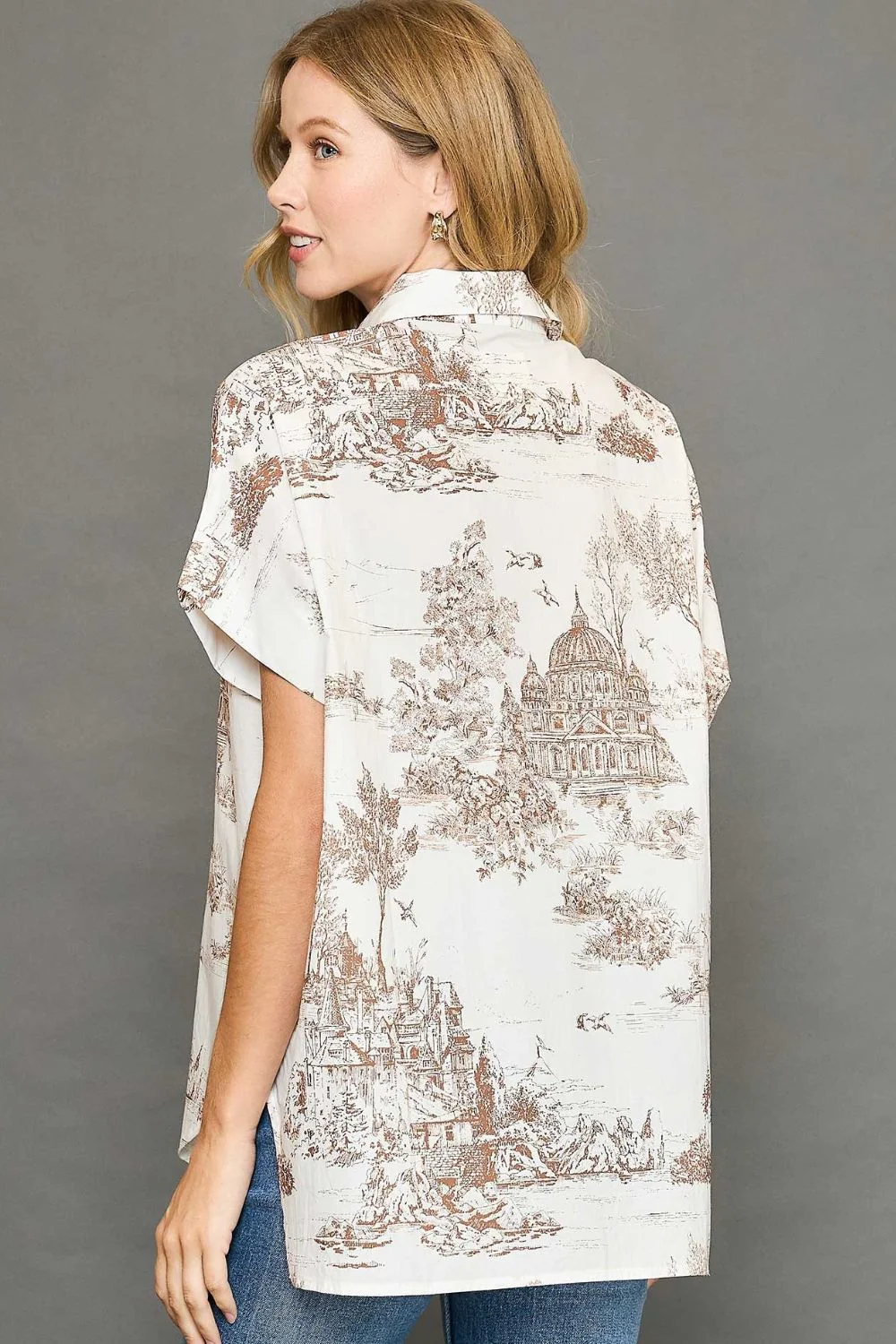 Umgee Full Size Two Tone Print Button Up Short Sleeve Shirt Plus Size - Image 3