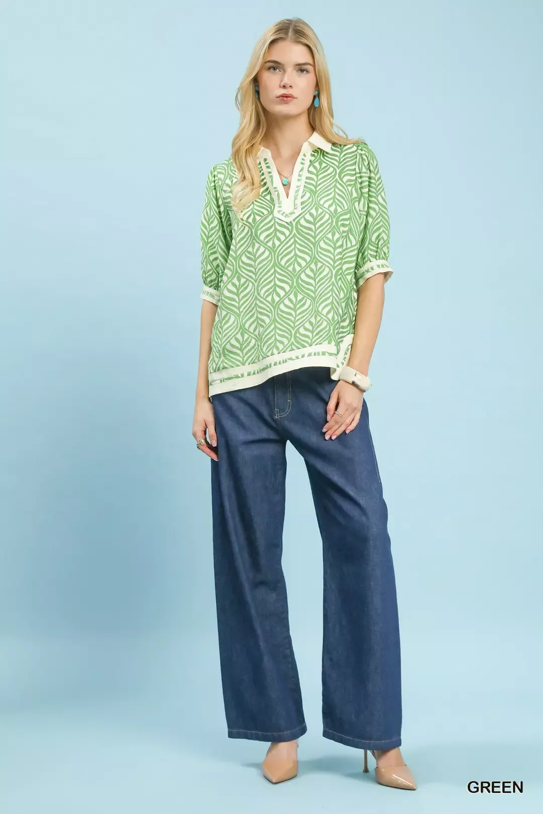 Umgee Geometric Leaf Print Popover Top - Image 4