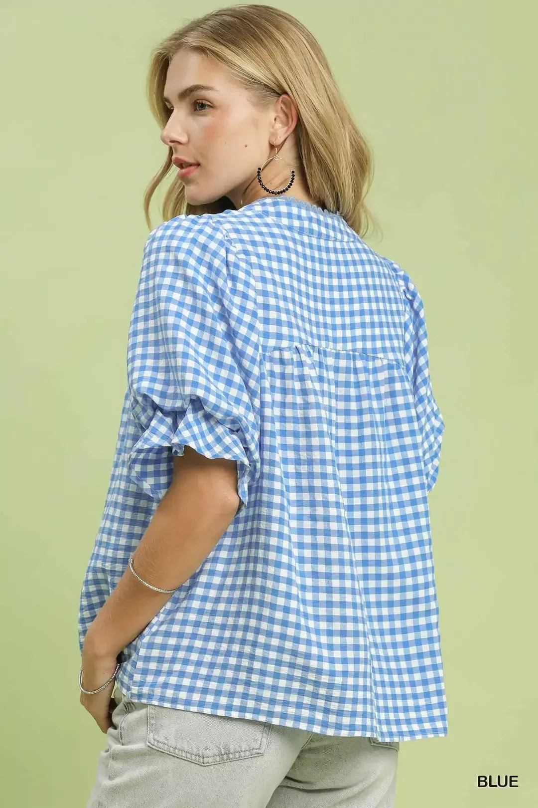 Umgee Gingham Check Blouse with Ruffle Sleeves - Image 3