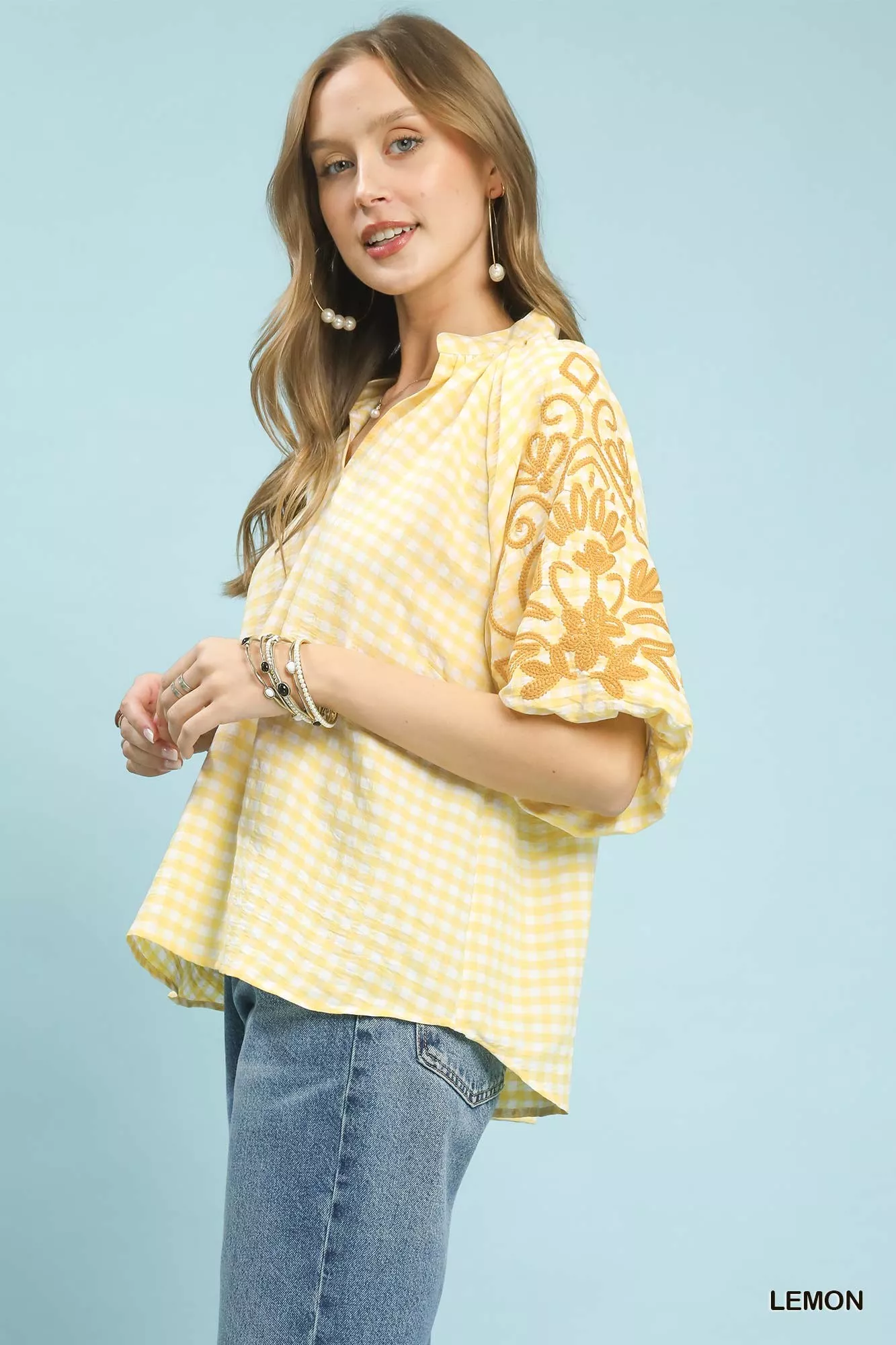 Umgee Gingham Embroidered Balloon Sleeve Top - Image 2