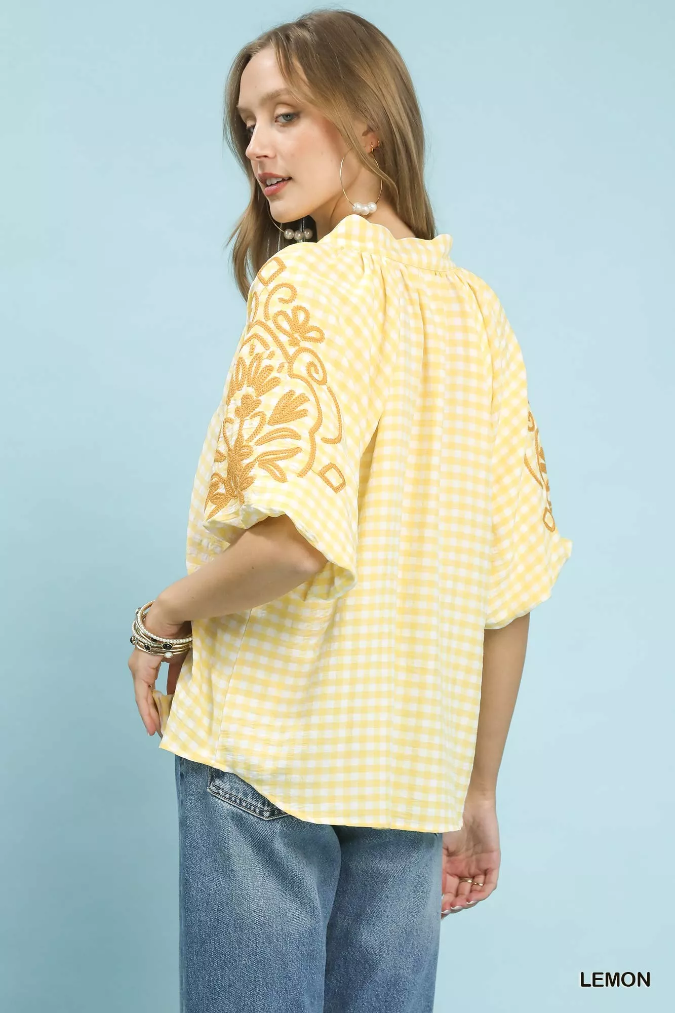 Umgee Gingham Embroidered Balloon Sleeve Top - Image 3