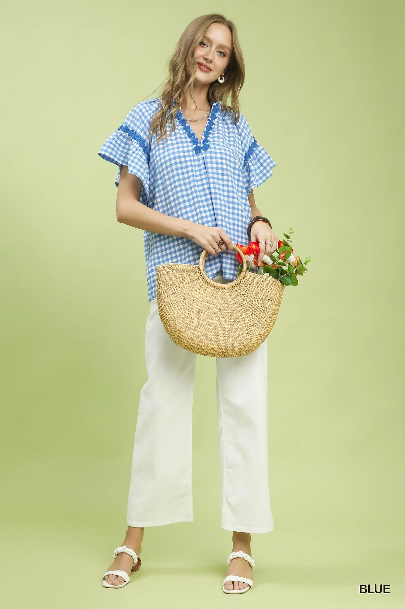 Umgee Gingham Lace Trim Top - Image 2