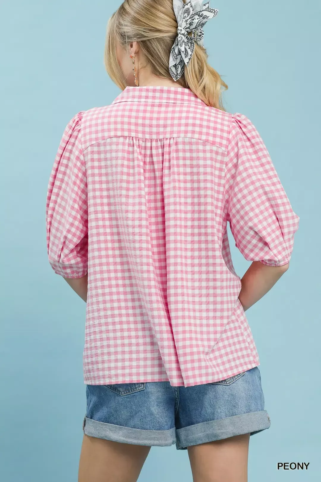 Umgee Gingham Puff Sleeve Collared Blouse - Image 3