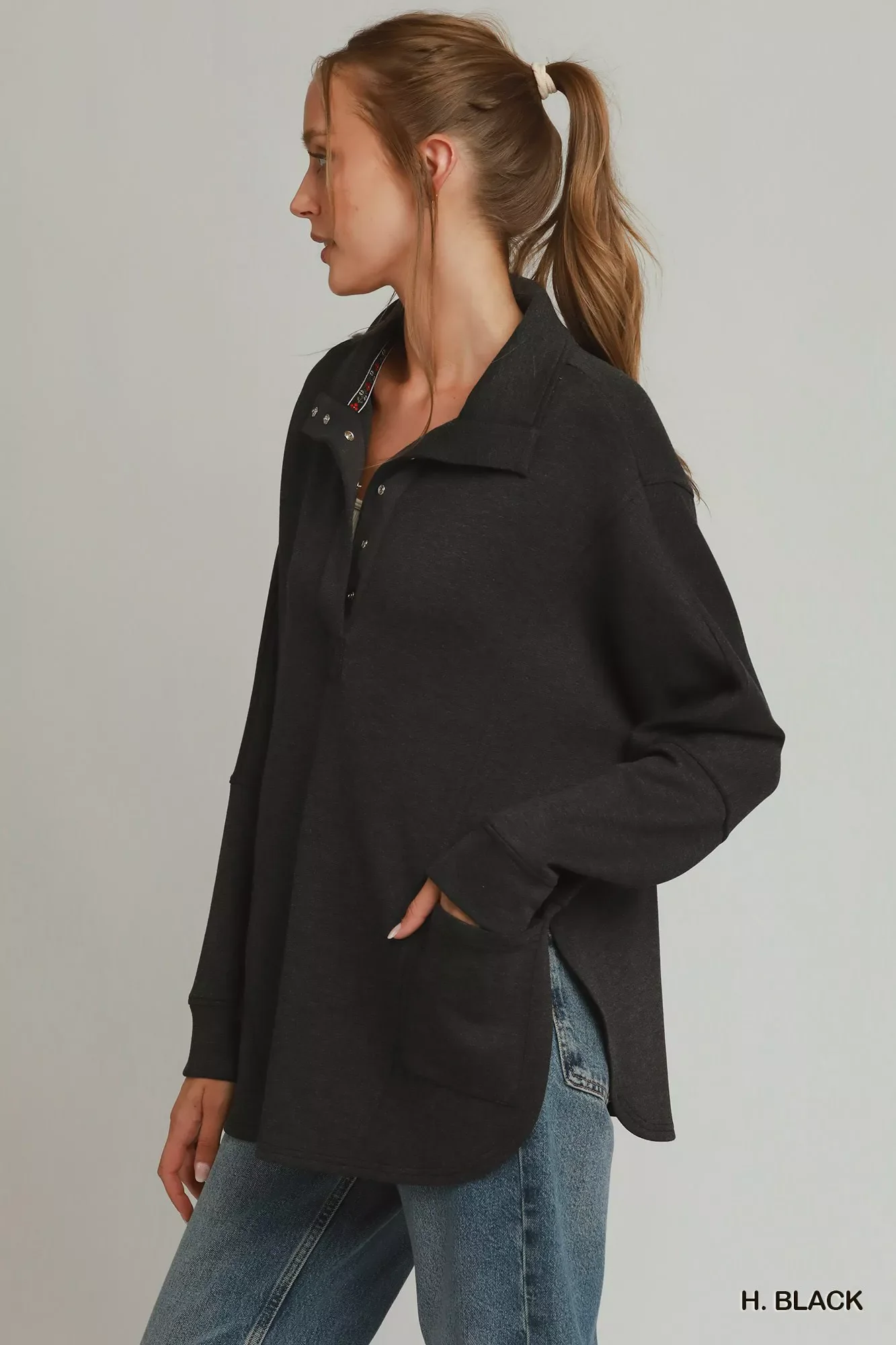 Umgee Half Placket Sweatshirt with Pockets - Image 2