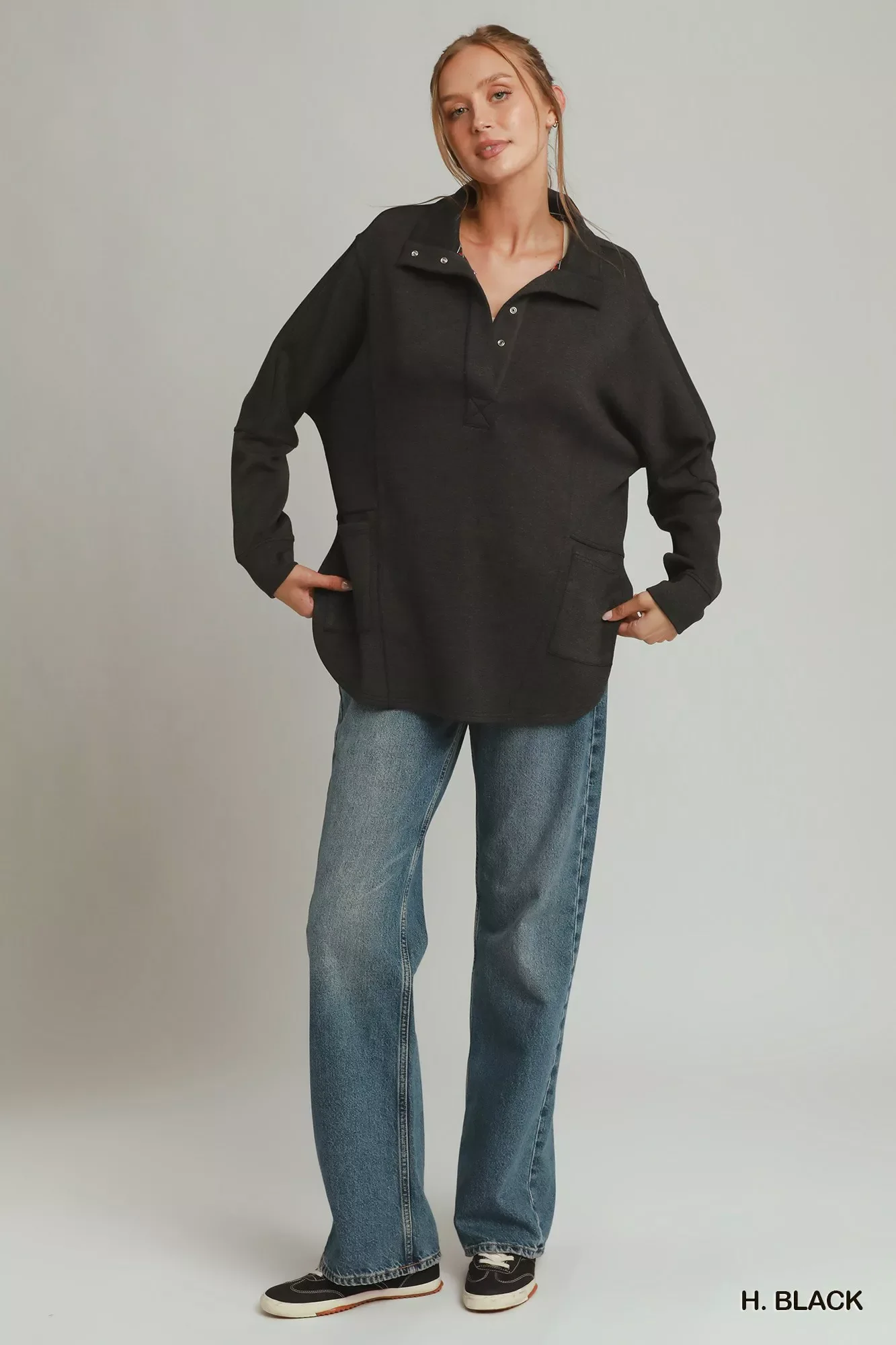 Umgee Half Placket Sweatshirt with Pockets - Image 4
