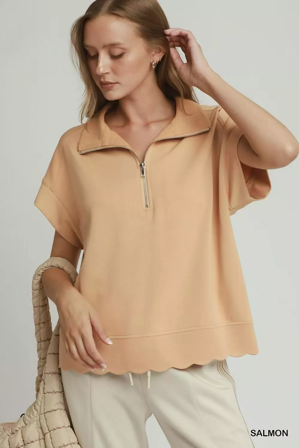 Umgee Half Zip Pullover with Scalloped Edge Hem