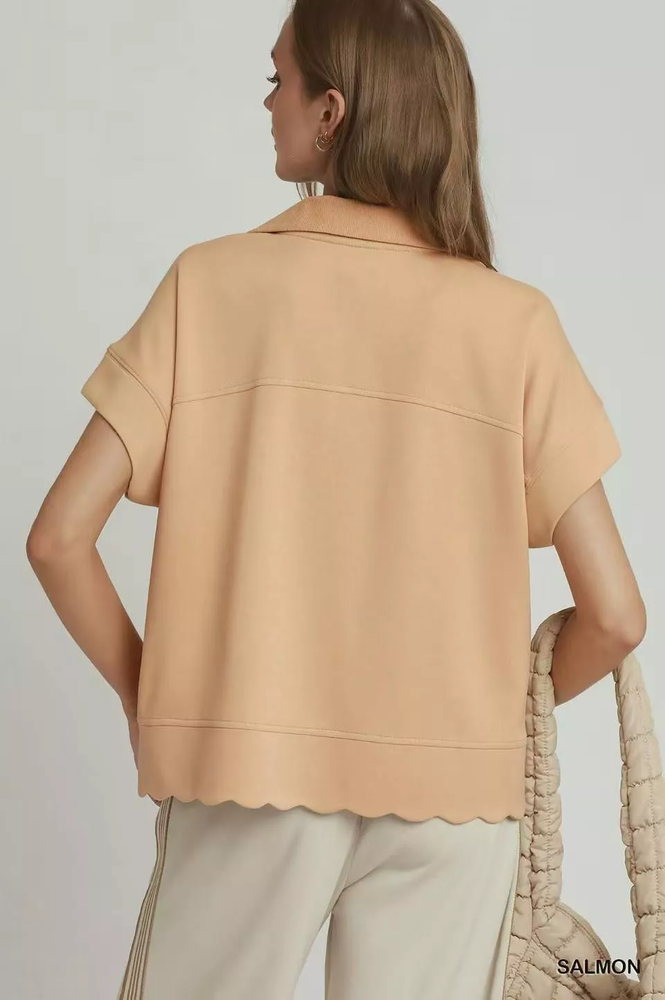 Umgee Half Zip Pullover with Scalloped Edge Hem - Image 3