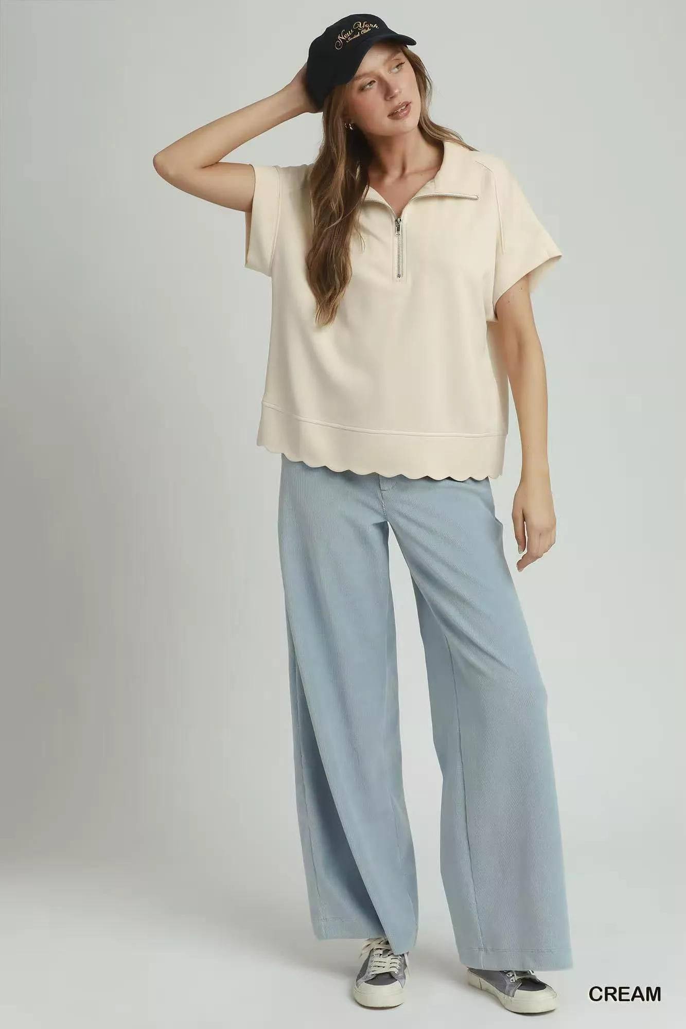 Umgee Half Zip Pullover with Scalloped Edge Hem - Image 4