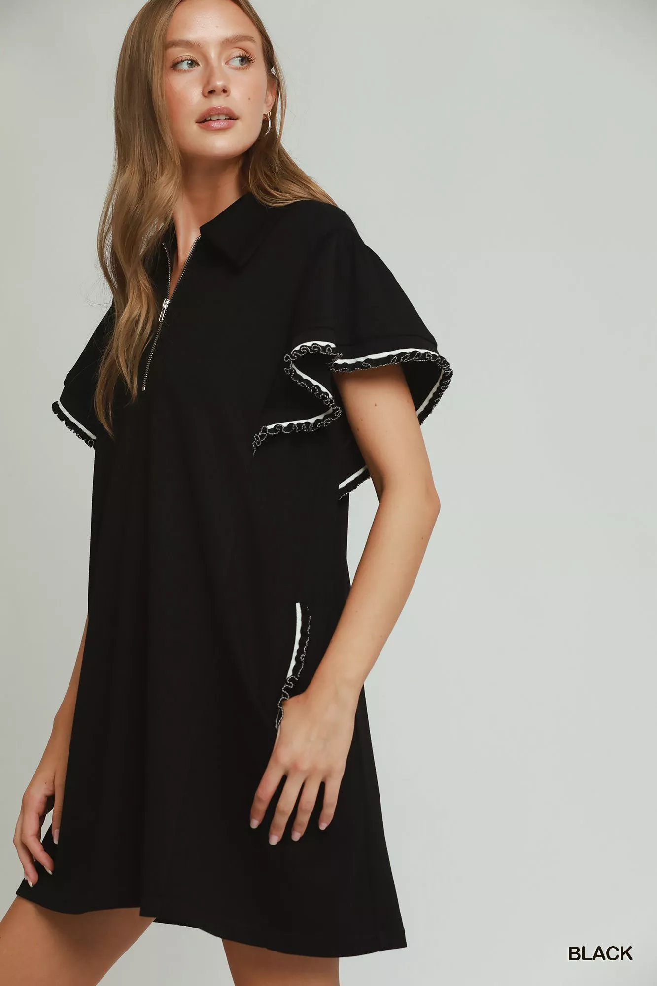 Umgee Half Zip Ruffle Rib Band Butterfy Sleeve Mini Dress with Pockets - Image 2