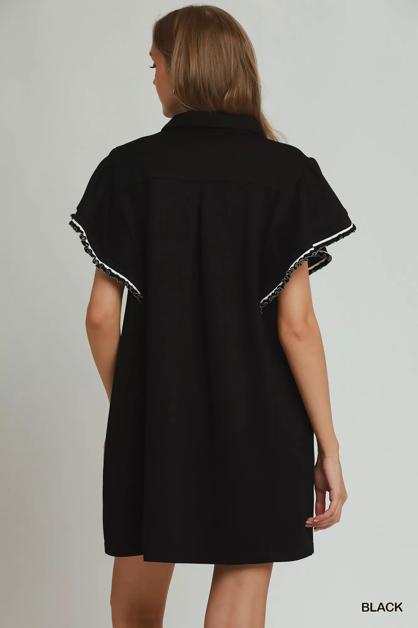 Umgee Half Zip Ruffle Rib Band Butterfy Sleeve Mini Dress with Pockets - Image 3