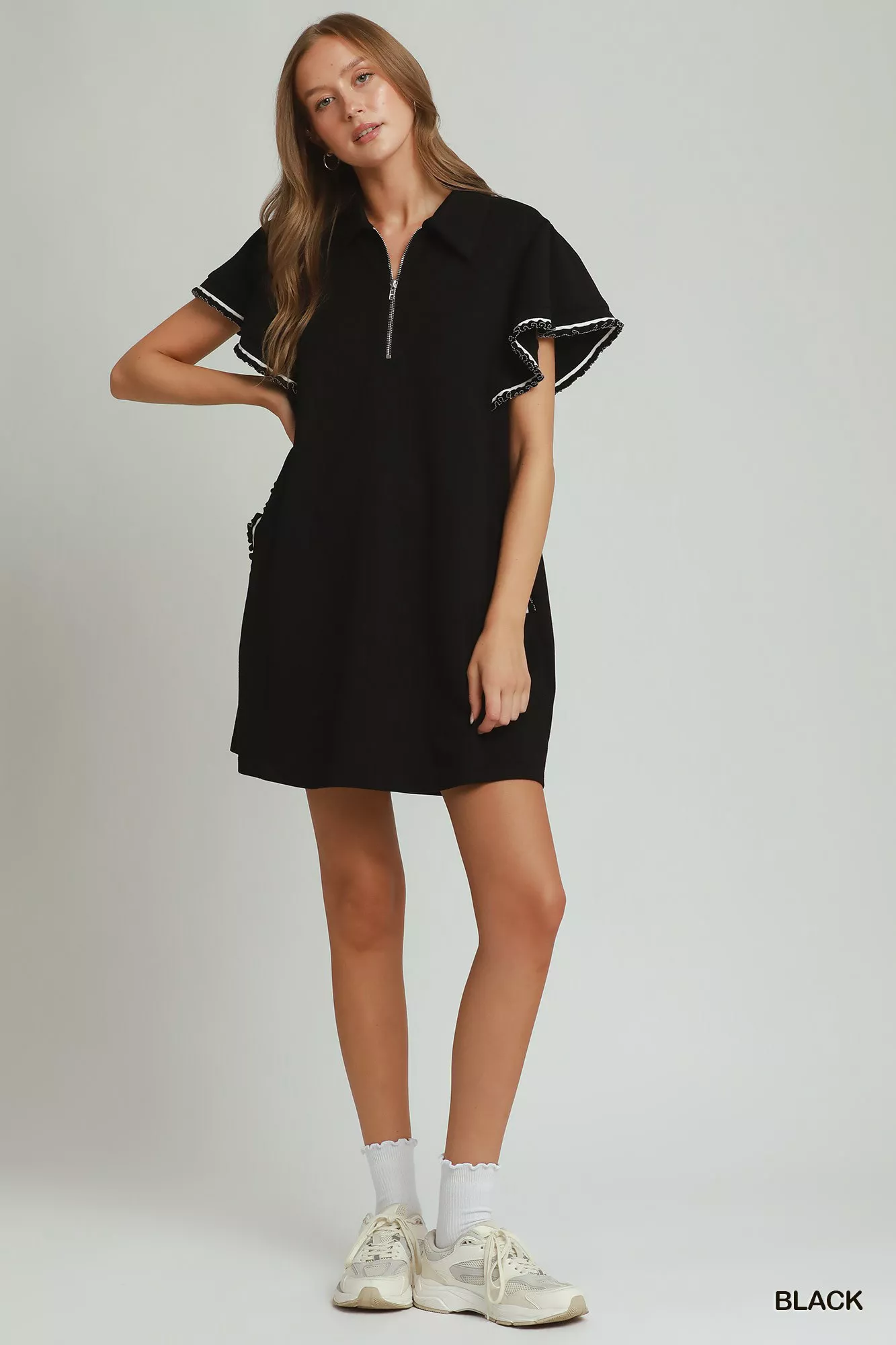 Umgee Half Zip Ruffle Rib Band Butterfy Sleeve Mini Dress with Pockets - Image 4