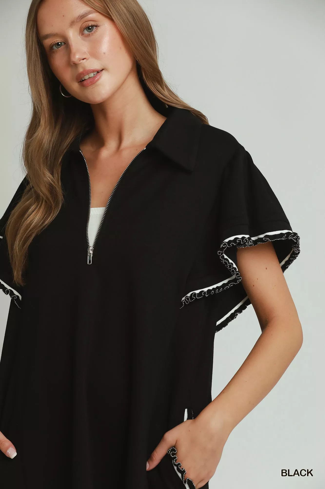Umgee Half Zip Ruffle Rib Band Butterfy Sleeve Mini Dress with Pockets - Image 5