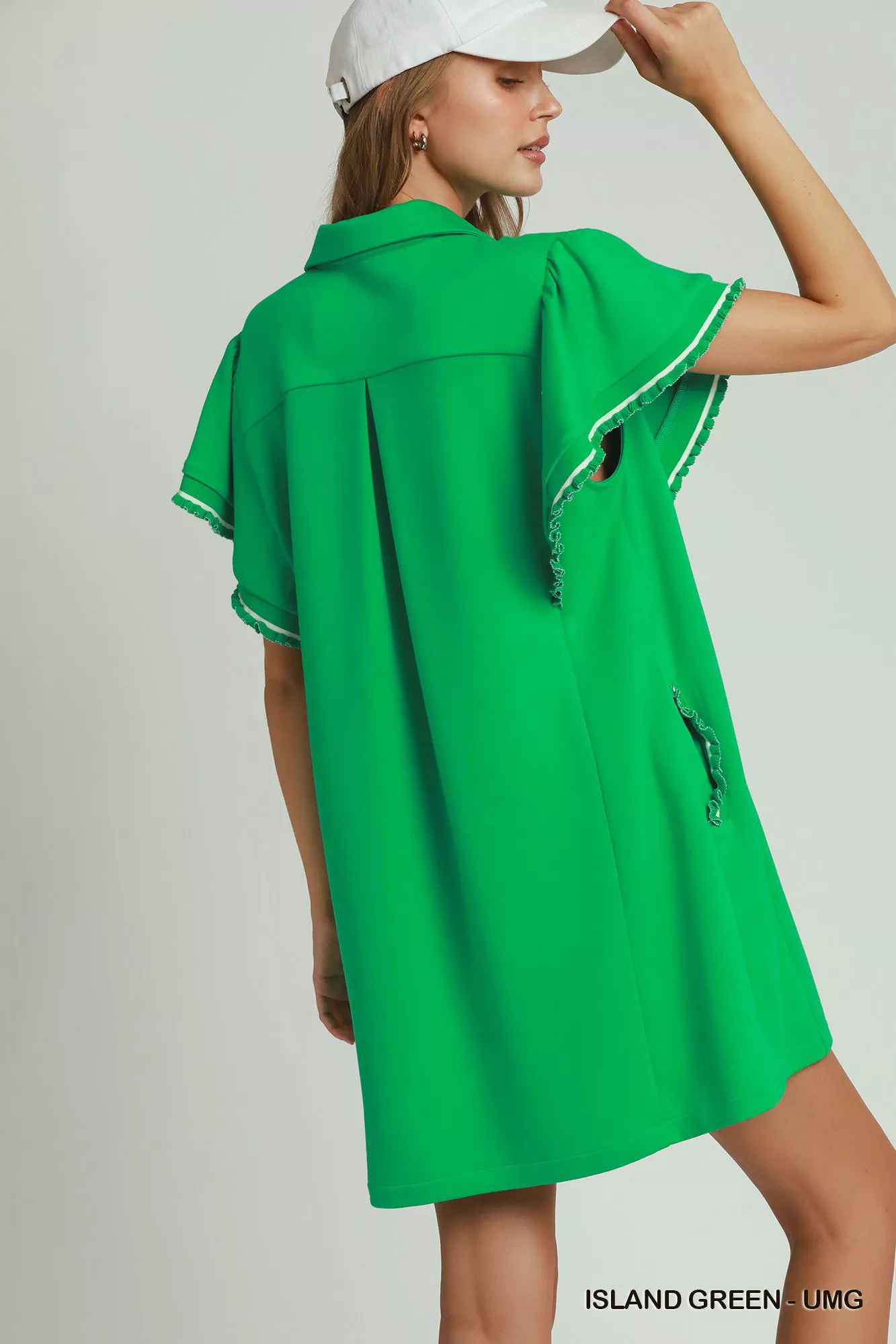 Umgee Half Zip Ruffle Rib Band Butterfy Sleeve Mini Dress with Pockets - Image 3