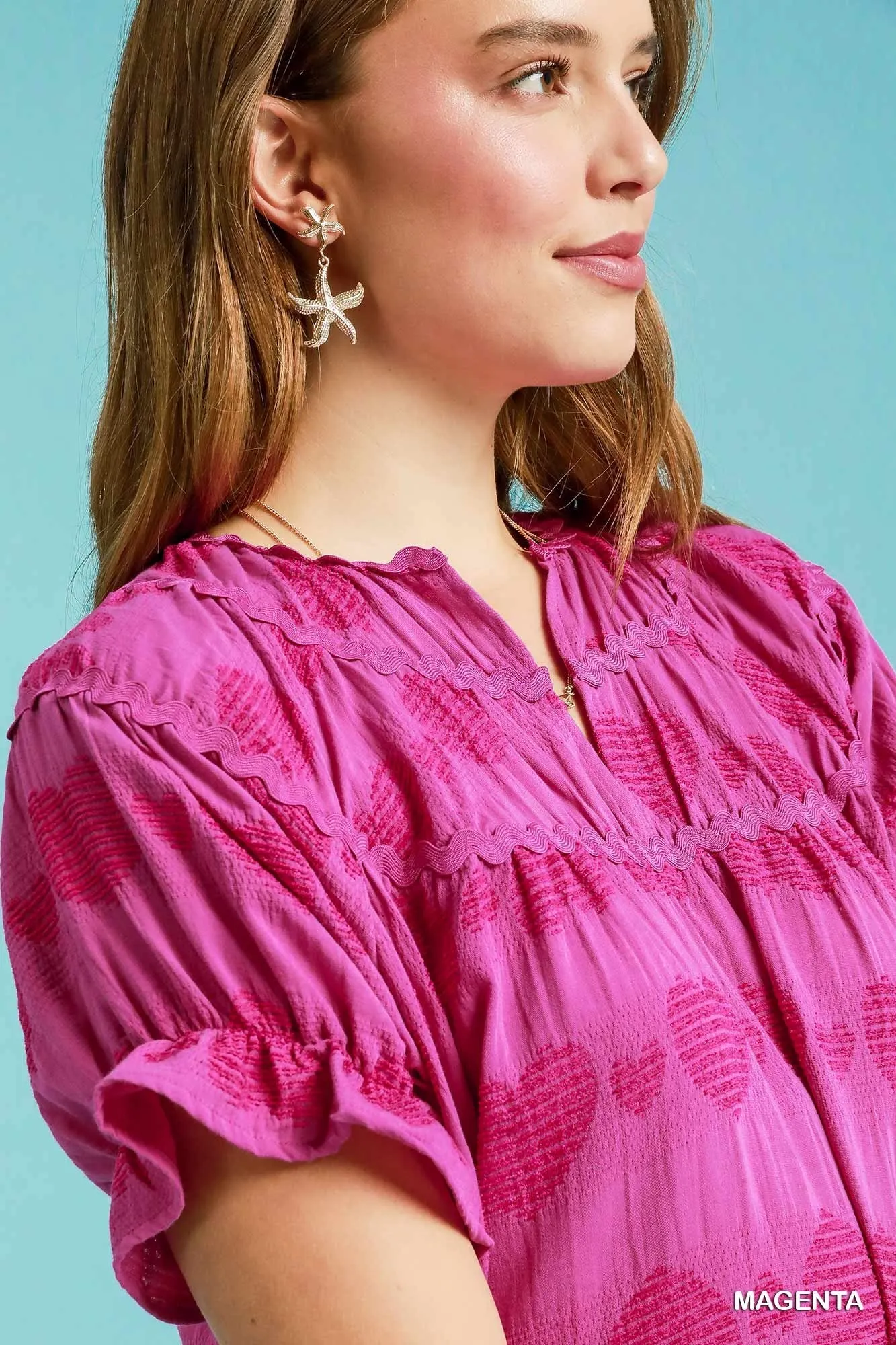 Umgee Heart Pattern Short Sleeve Ruffle Babydoll Dress - Image 4