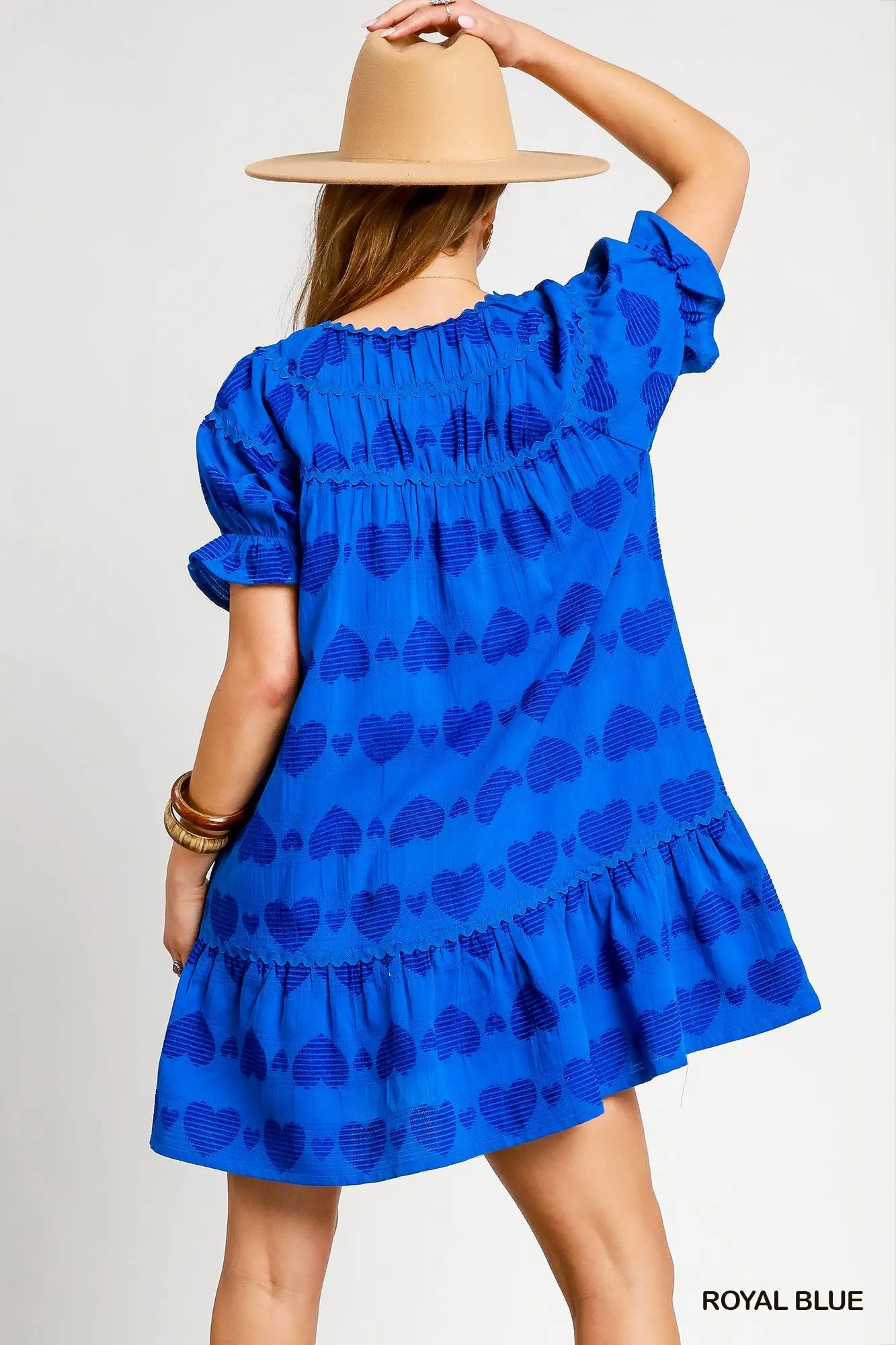 Umgee Heart Pattern Short Sleeve Ruffle Babydoll Dress - Image 3