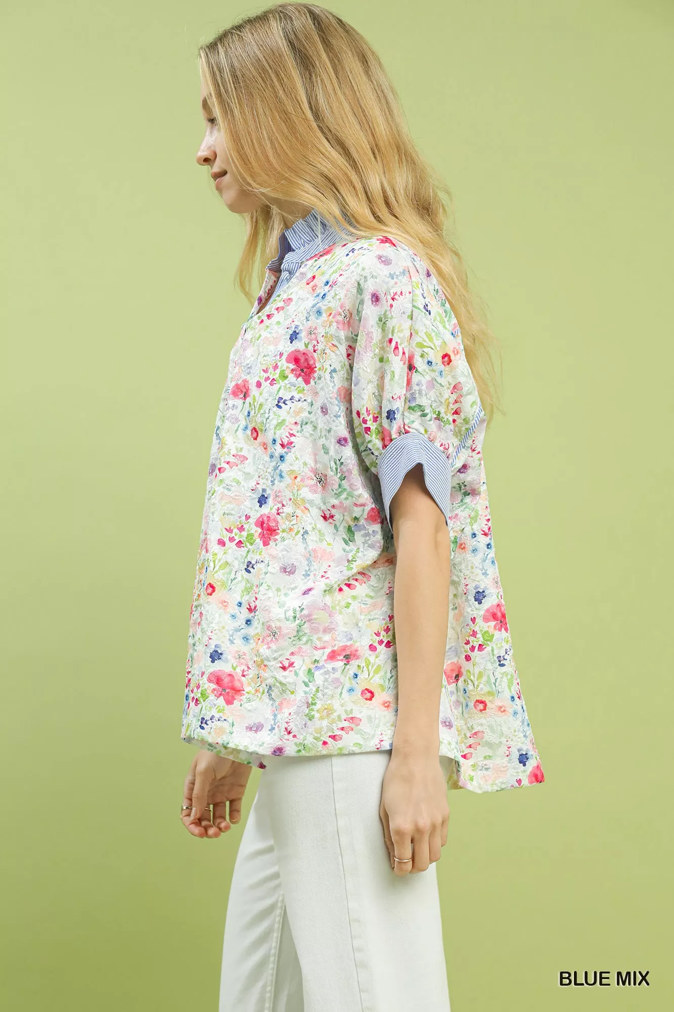Umgee Jacquard Floral Print Button-Down Shirt - Image 3
