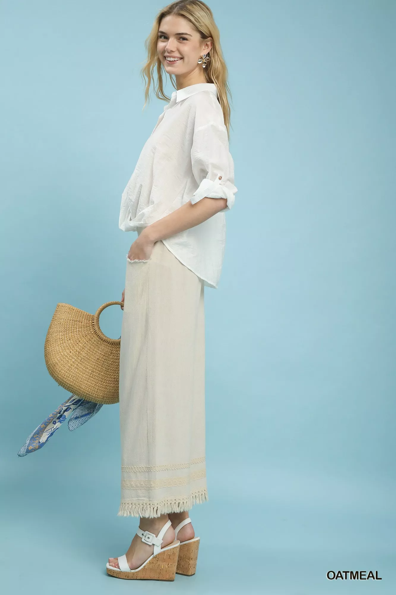 Umgee Lace Trim Fringe Hem Wide Leg Pants - Image 2