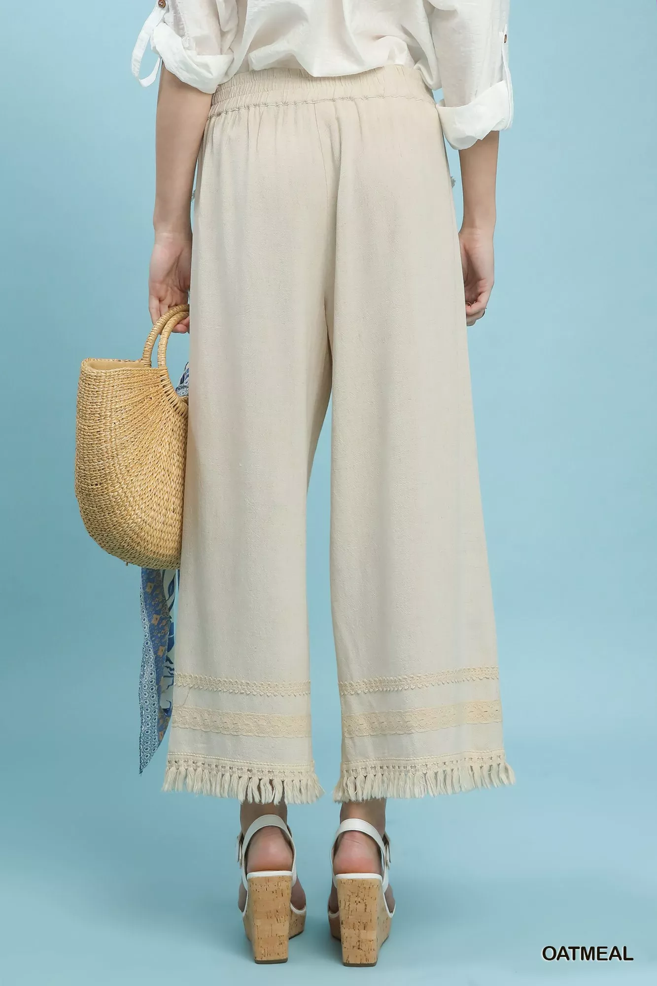 Umgee Lace Trim Fringe Hem Wide Leg Pants - Image 3