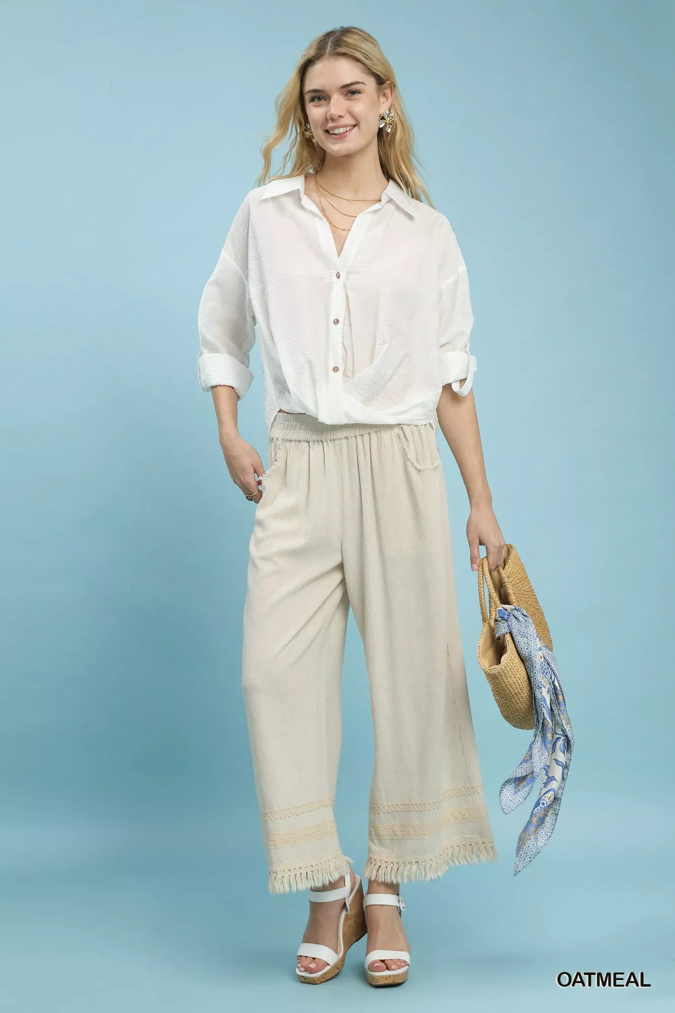 Umgee Lace Trim Fringe Hem Wide Leg Pants - Image 5