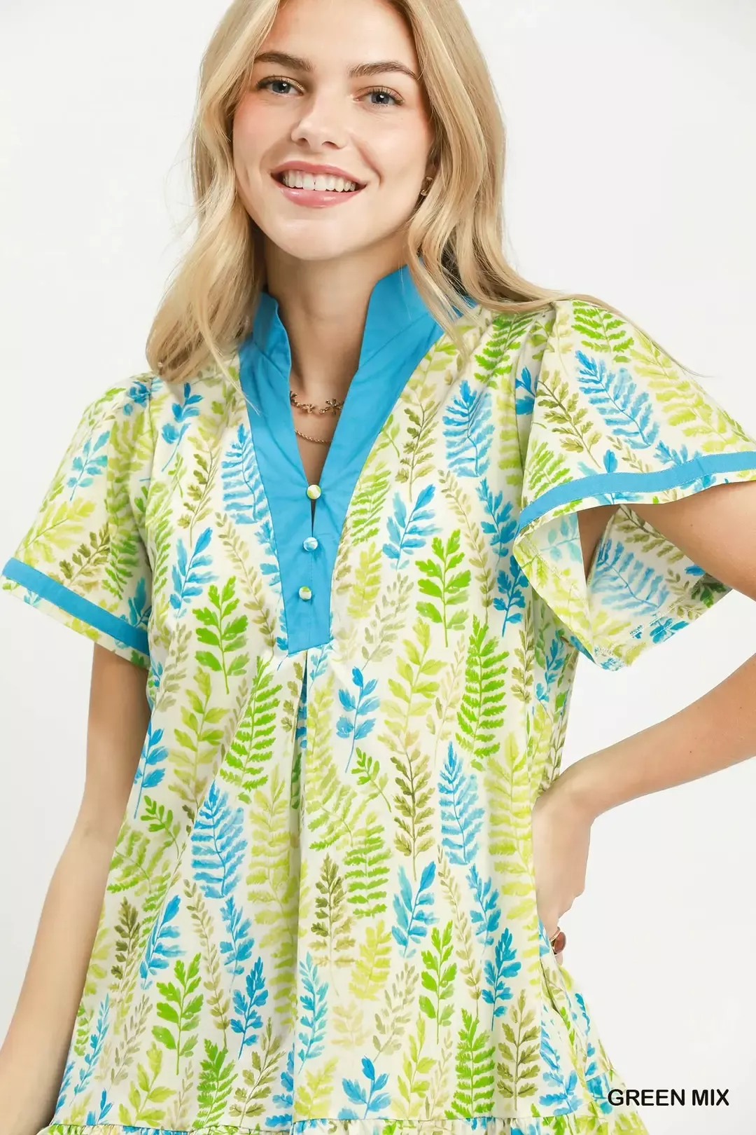 Umgee Leaf Print Flutter Sleeve Tiered Mini Dress - Image 4