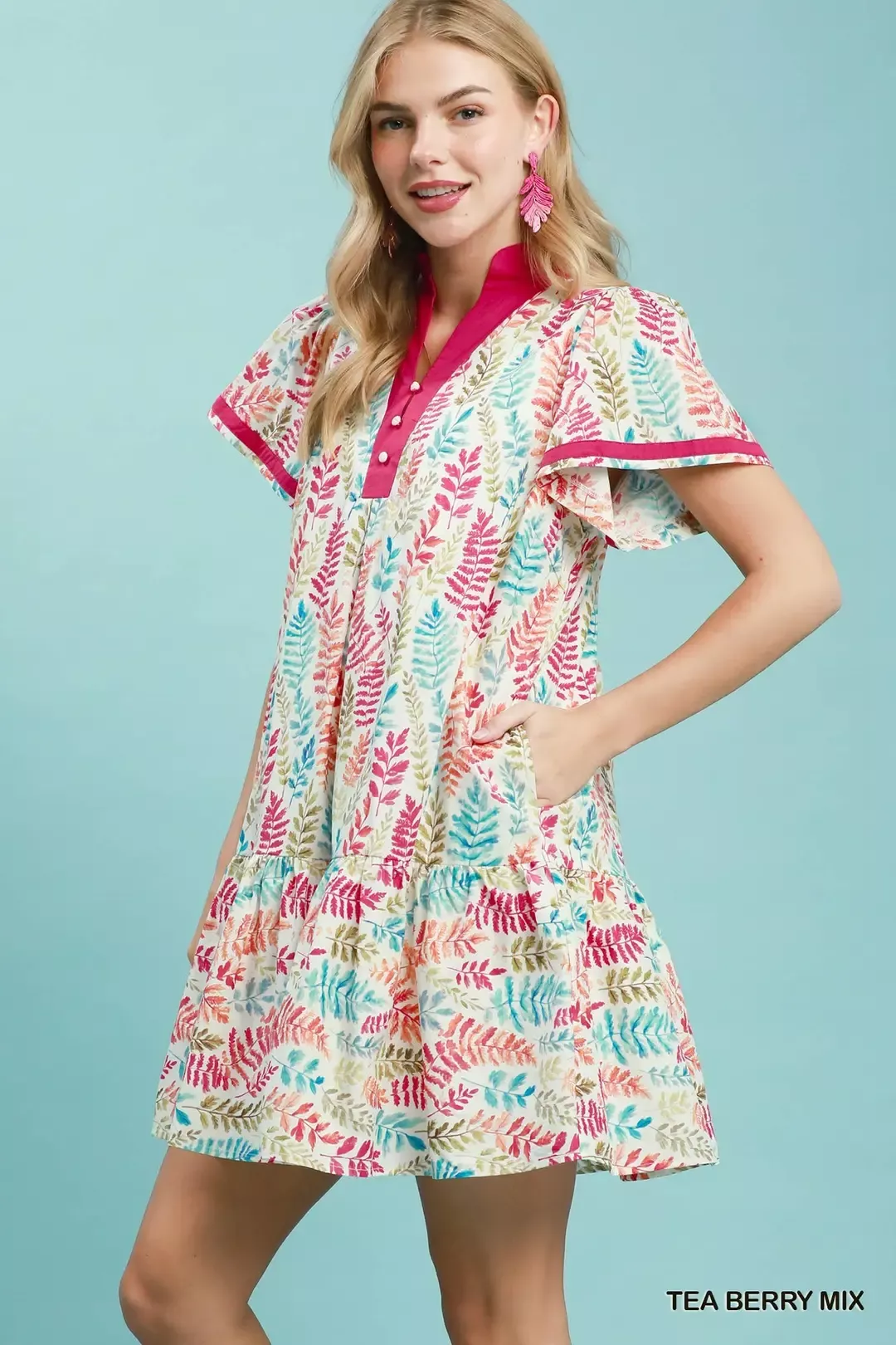 Umgee Leaf Print Flutter Sleeve Tiered Mini Dress - Image 2