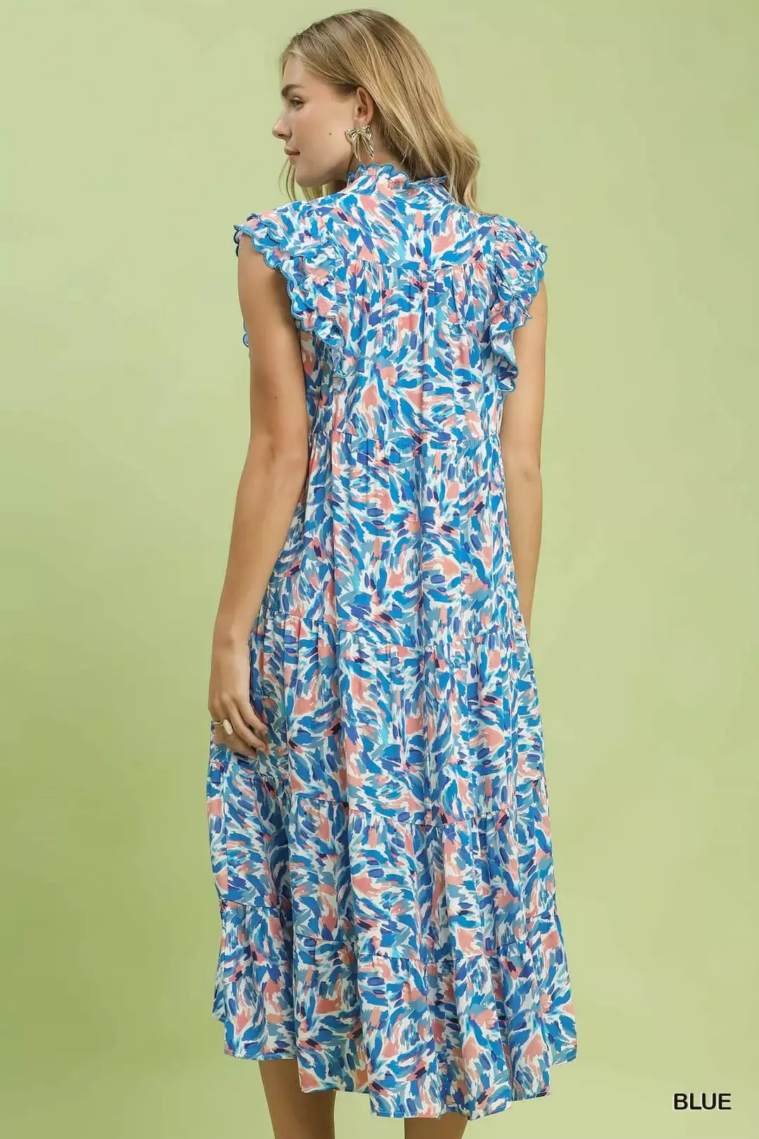 Umgee Leaf Print Midi Tiered Dress with Side Pockets - Image 3