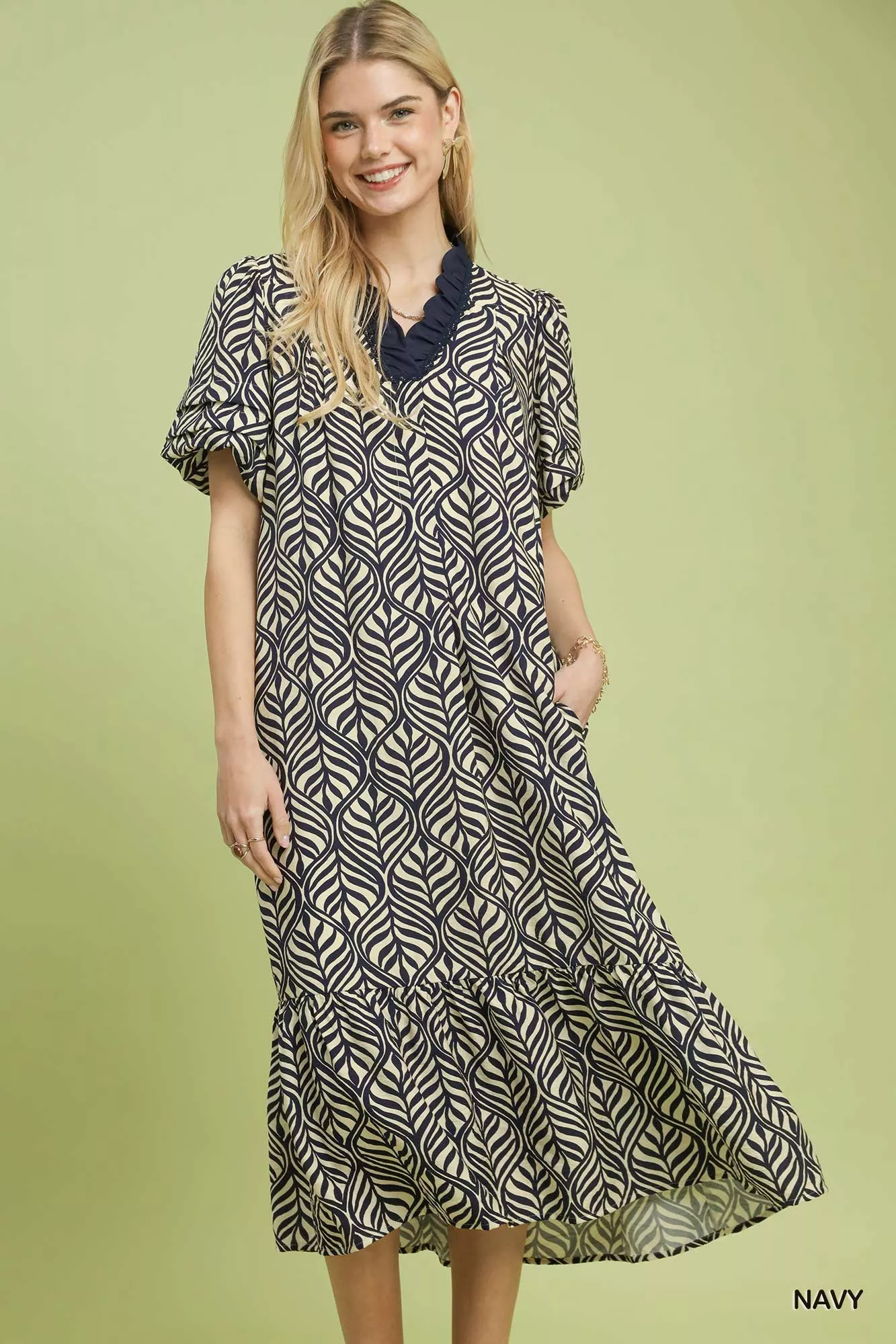 Umgee Leaf Print Ruffle Neck Midi Dress