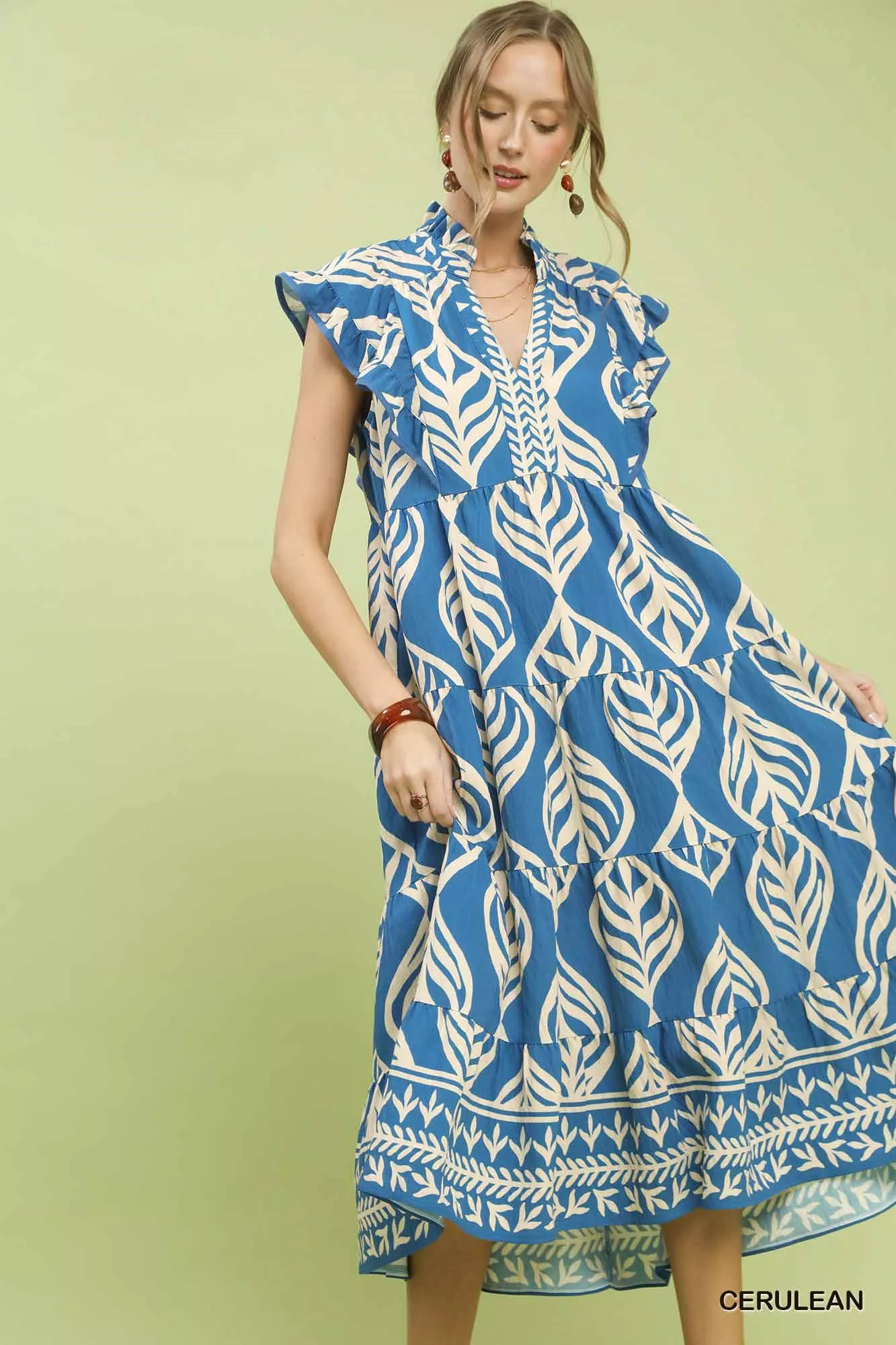 Umgee Leaf Print Tiered Midi Dress with Pockets - Image 5