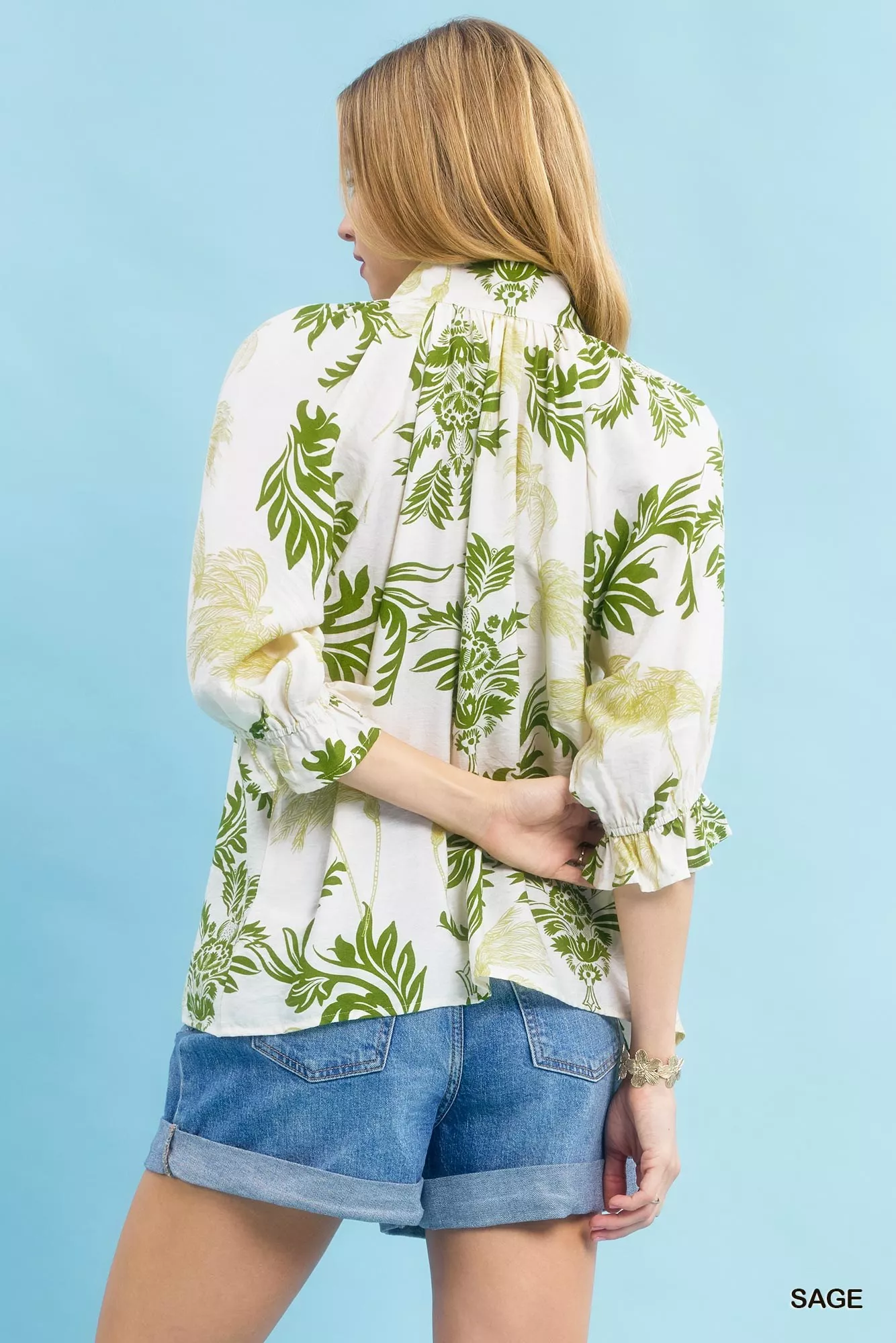 Umgee Leafy Damask Print Blouse with Contrast Scalloped Trim Detail - Image 4