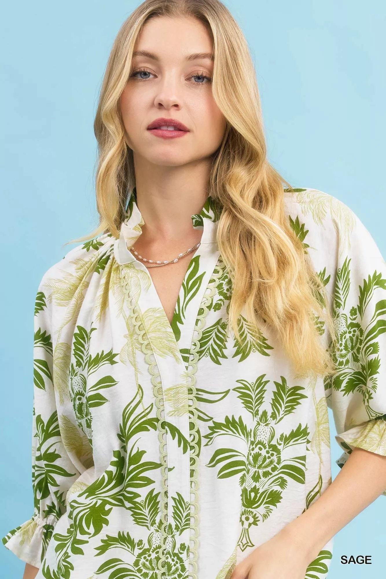 Umgee Leafy Damask Print Blouse with Contrast Scalloped Trim Detail - Image 5