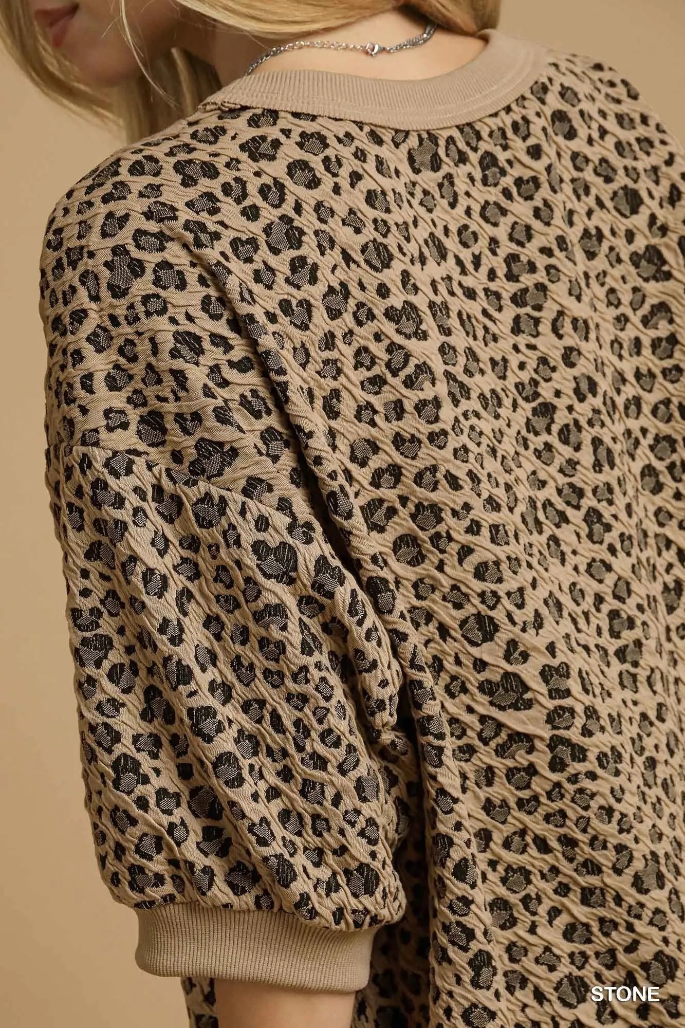 Umgee Leopard Knit Jacquard Puff Sleeve Sweatshirt - Image 5