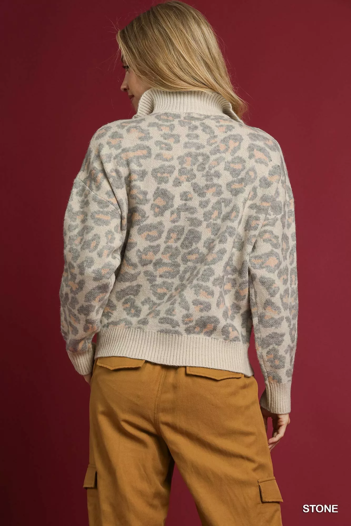 Umgee Leopard Print Quarter-Zip Knit Sweater - Image 3