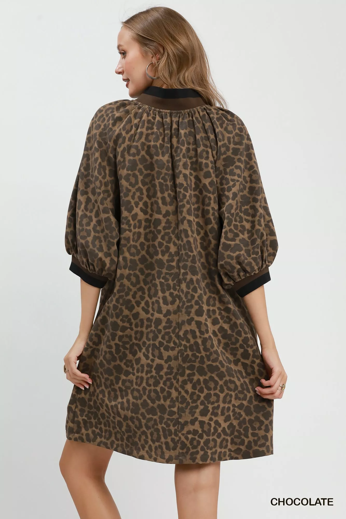 Umgee Leopard Print Quarter Zip Puff Sleeve Mini Dress - Image 3