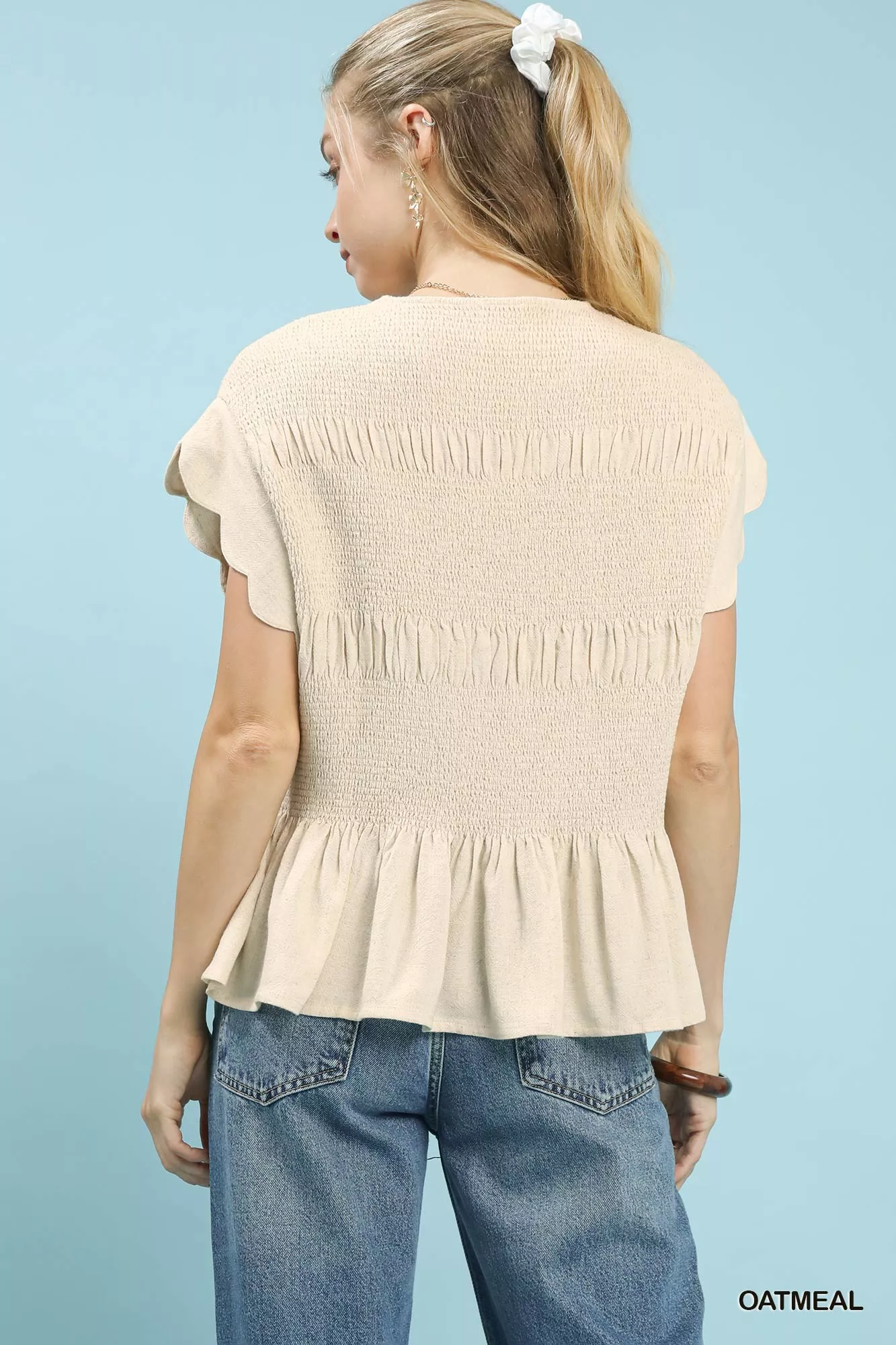Umgee Linen Blend Smocked Peplum Blouse - Image 3