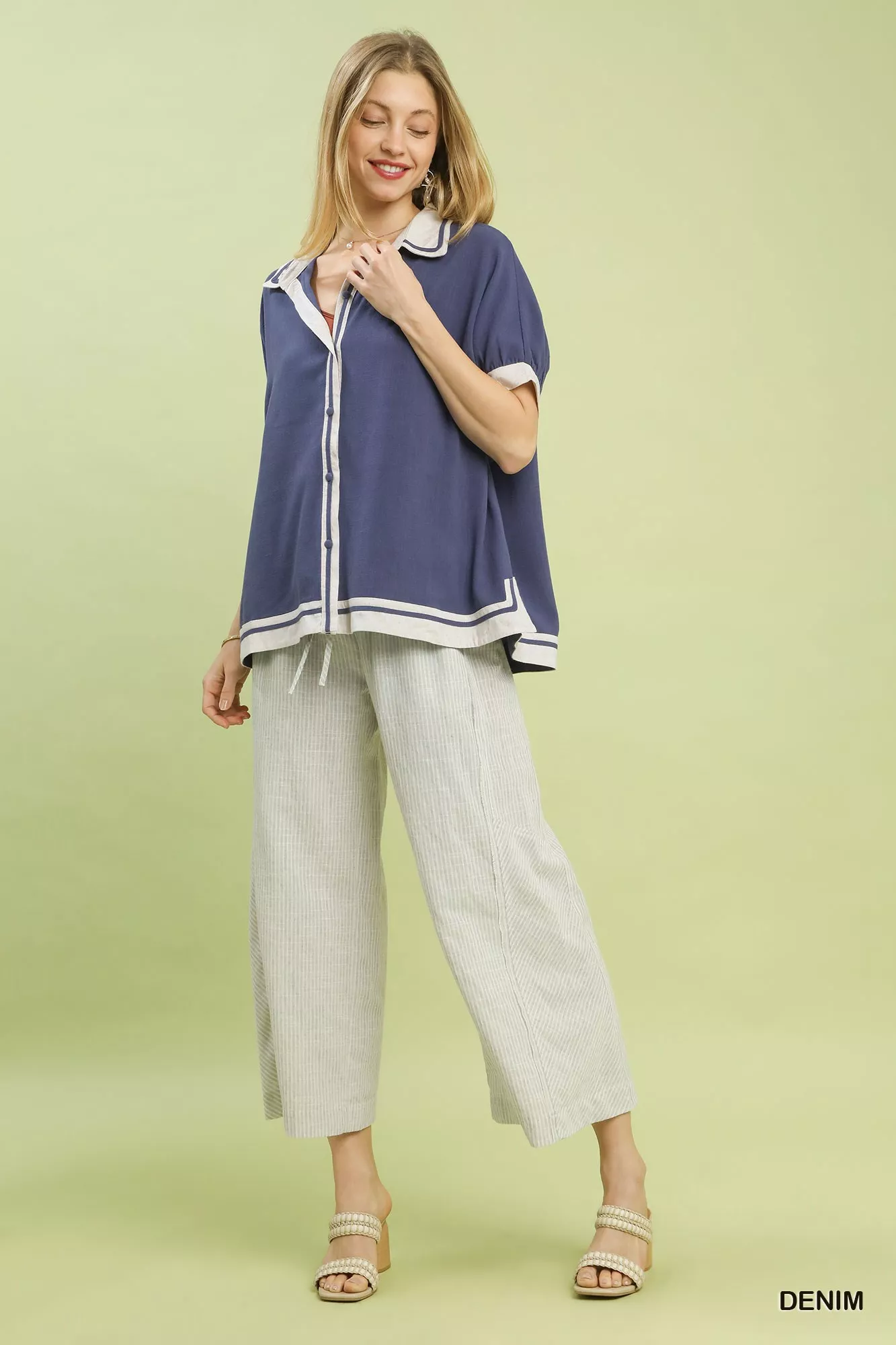 Umgee Linen Button Front Top with Contrast Piping - Image 3