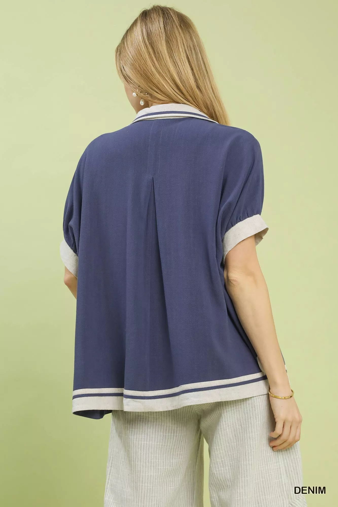Umgee Linen Button Front Top with Contrast Piping - Image 5