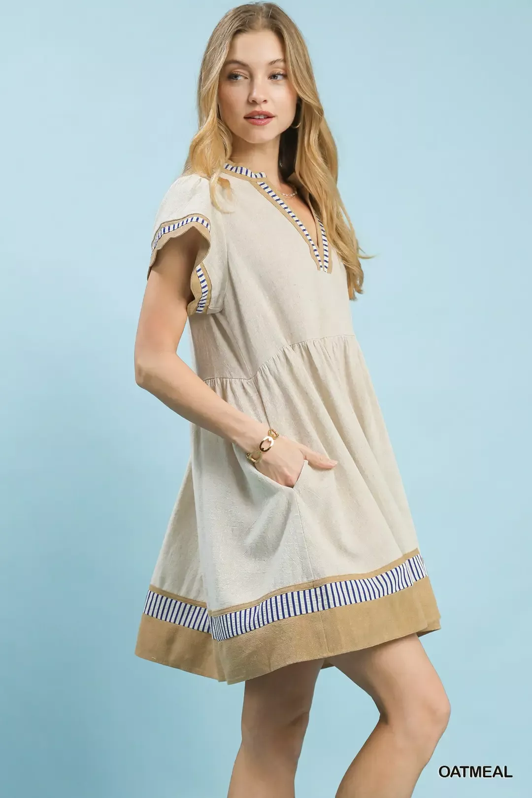 Umgee Linen Color Block Flutter Sleeve Dress - Image 2