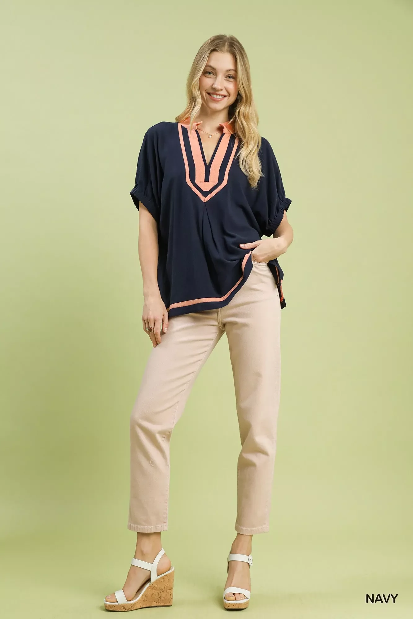 Umgee Linen Contrast Trim V-Neck Blouse - Image 5