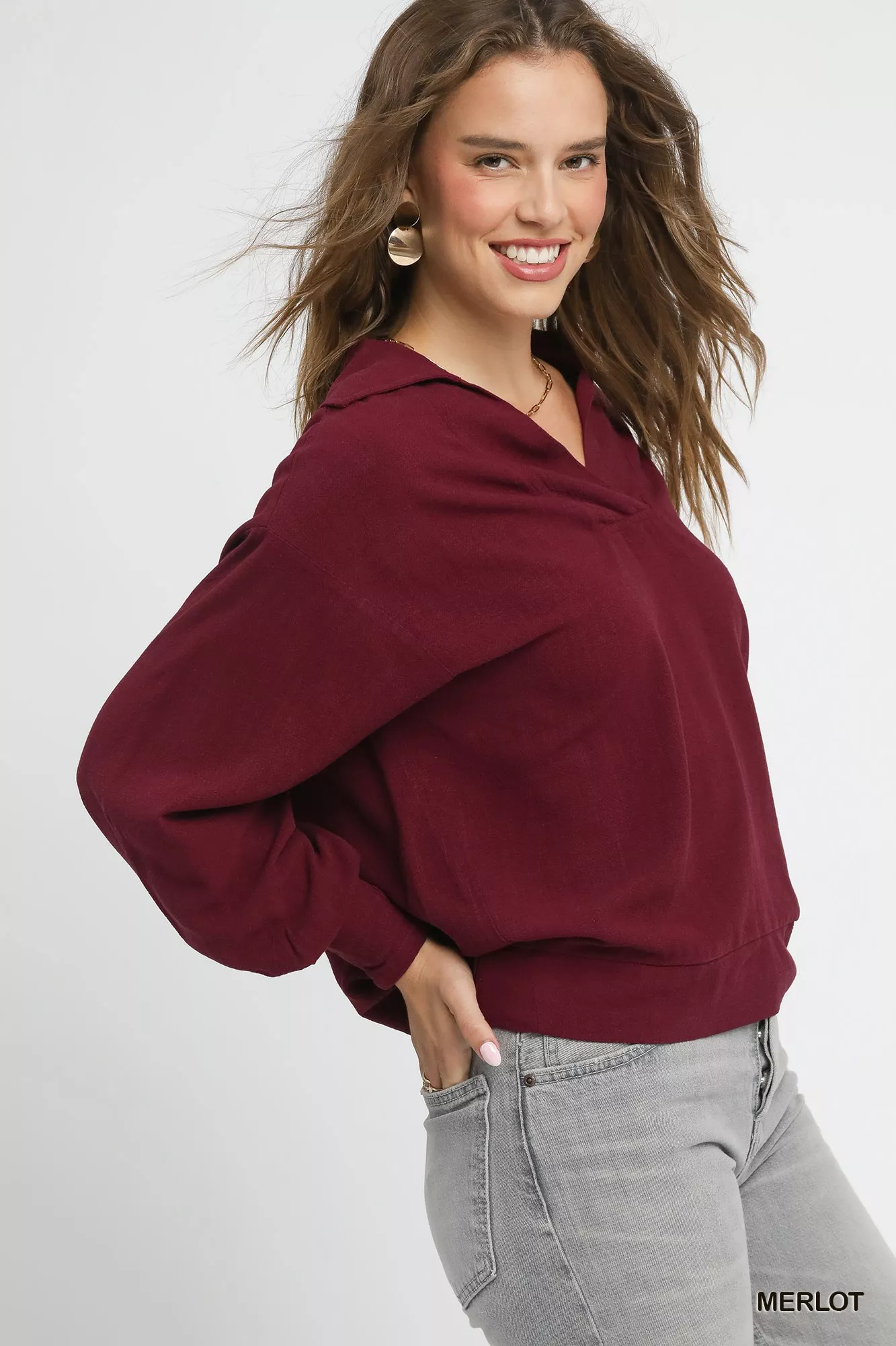 Umgee Linen Long Sleeves Elastic Hem Blouse - Image 2