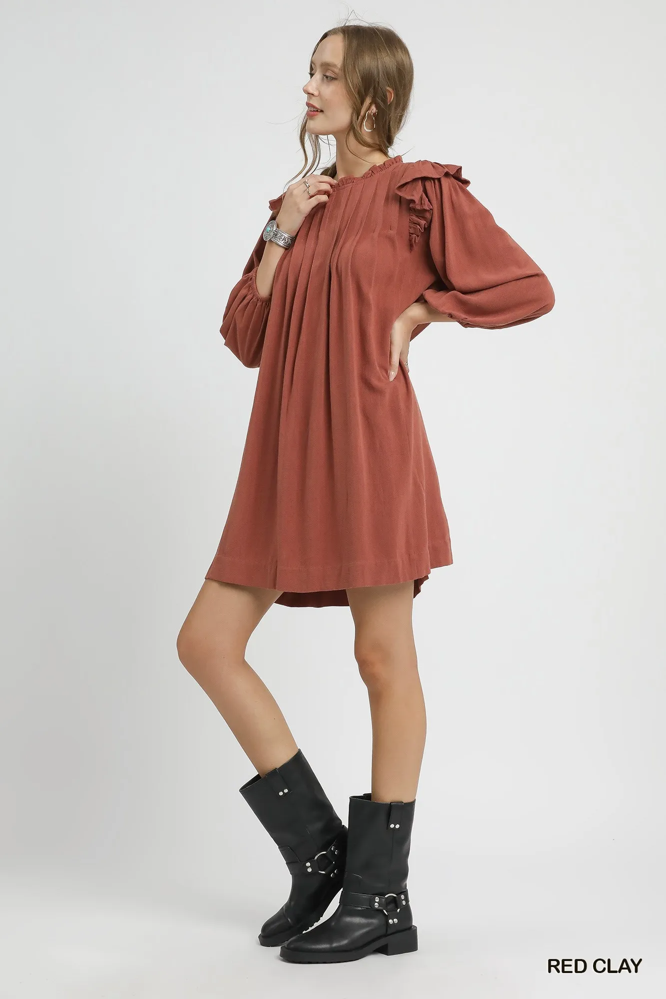 Umgee Linen Ruffle Shoulder Pleated Babydoll Dress - Image 4